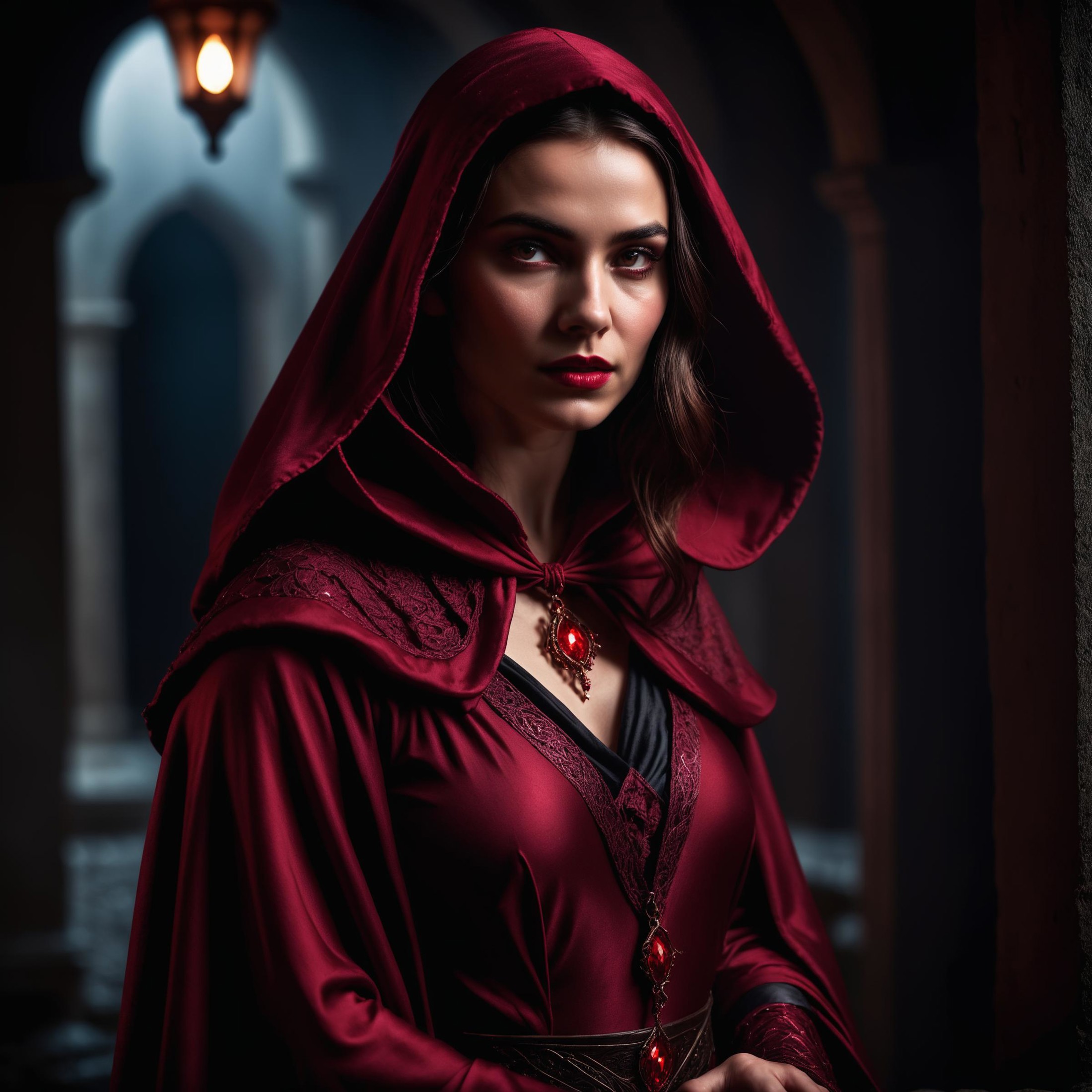 A Photograph of a young mage woman in a dark and sinister setting, enveloped in moody shadows and dressed in deep crimson ...